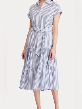 NEW LAUREN RALPH LAUREN Blue / White Striped Tiered Cotton Shirt Dress 4